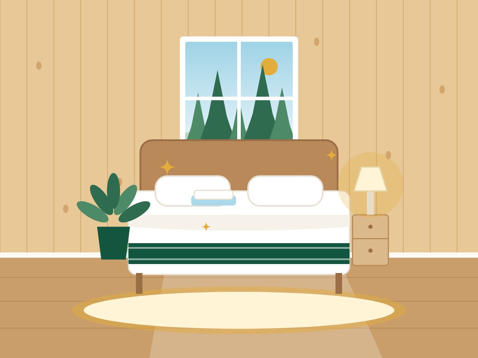 Cozy Northern Michigan cabin bedroom made up with fresh white linens and folded towels for the next guests