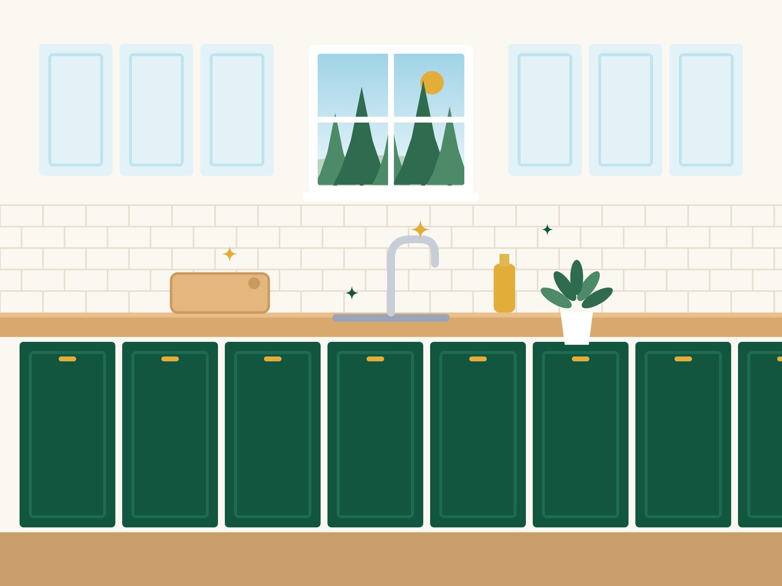 Clean, bright farmhouse kitchen with wiped counters and a shining sink