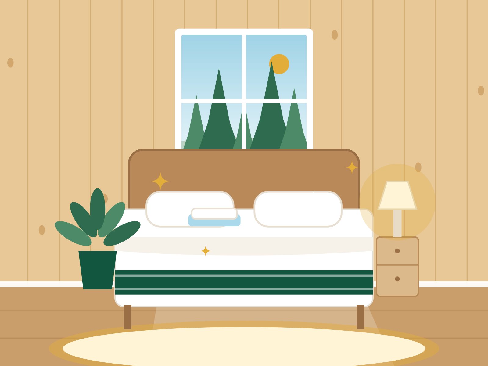 Northern Michigan cabin rental bedroom with a freshly made bed, folded towels and morning light through pine-framed windows